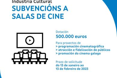 A Xunta abre o programa de axudas ao audiovisual galego de 2023 cun investimento de 775.000 euros en salas de cine, festivais e internacionalización
